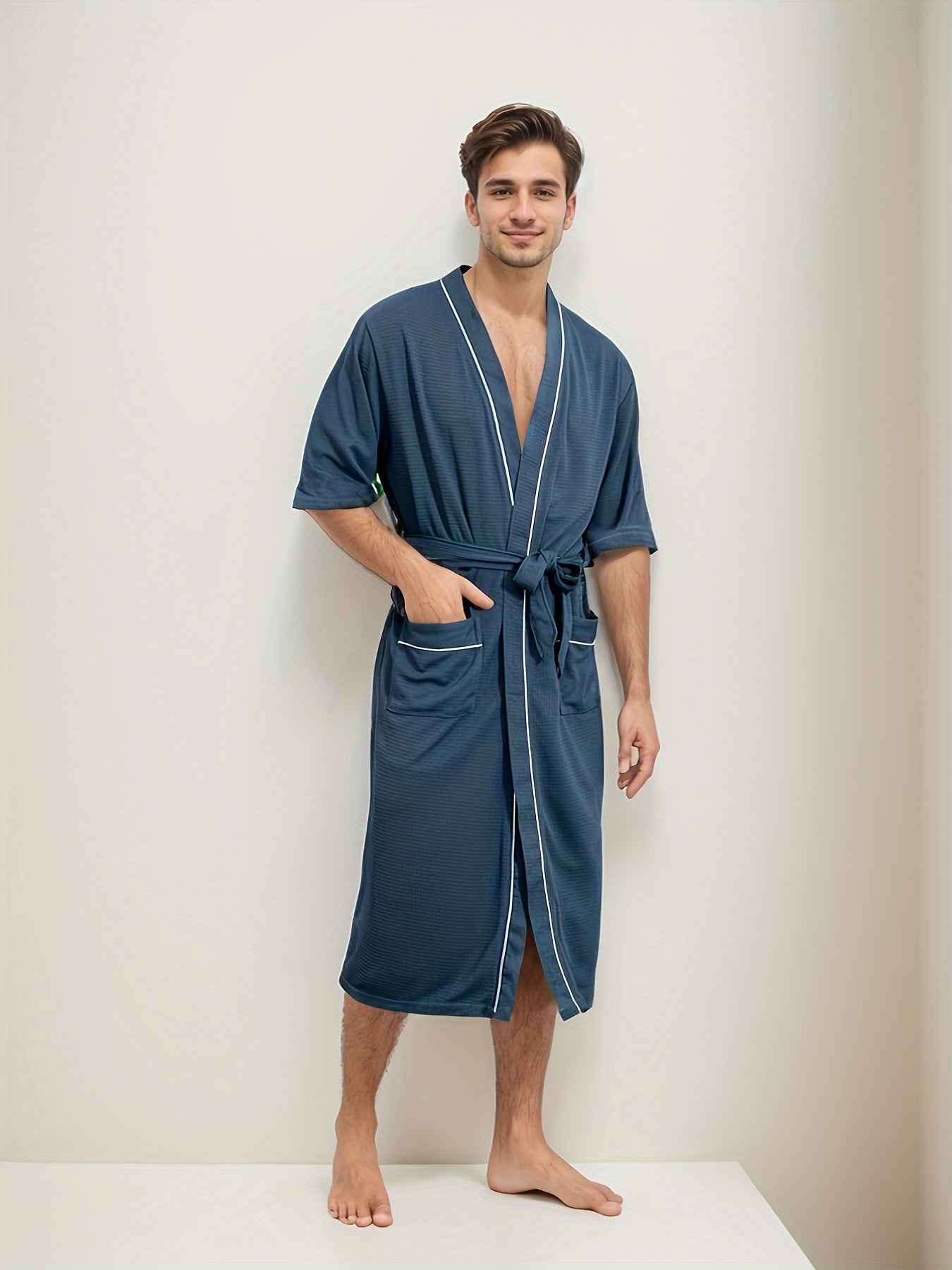 Fudus | Stylische Herrenbademantel Mit Kurzen Ärmeln Und Doppelten Taschen