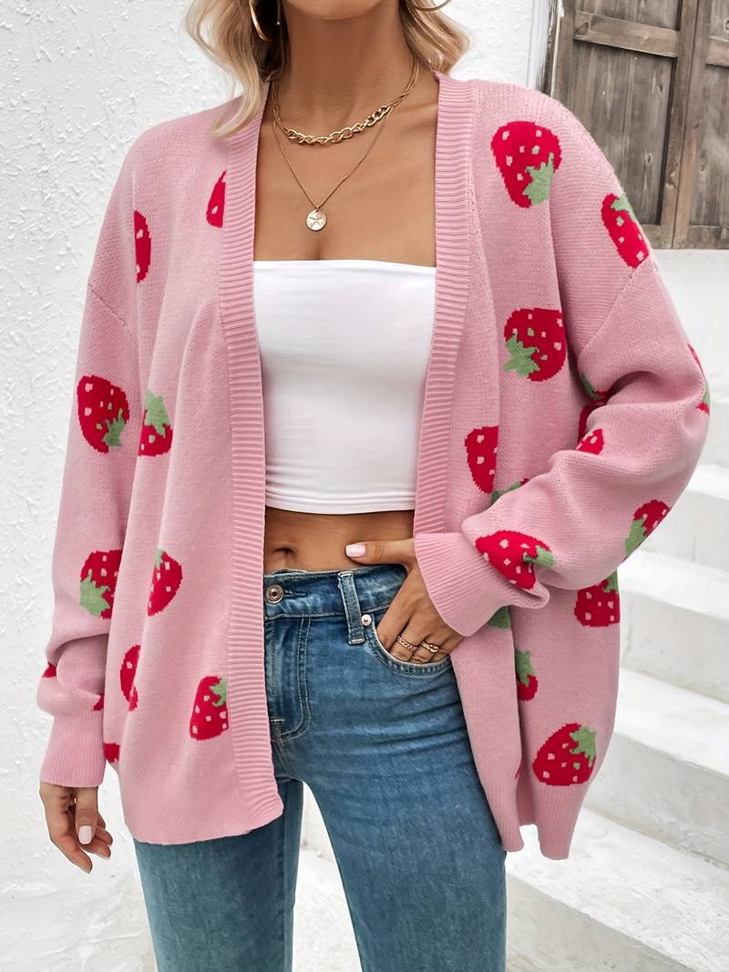 Damen Stylische Erdbeer Strickjacke Offene Vorderseite Frühling