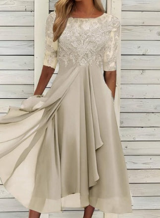 Damen Chiffon Stickerei Spitzen Hollow Out Kleid