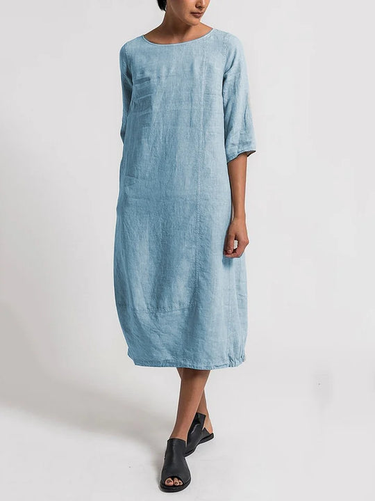 Fudus | Rundhals 3/4 Ärmel Freizeitkleid Einfarbig Lässig 3/4 Ärmel