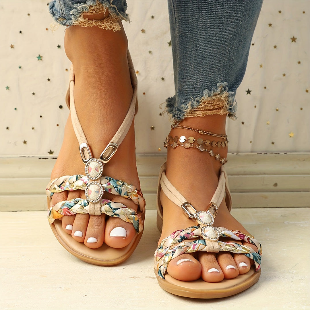 Damen Sandalen Flach Strass Aprikose Geflochten Bequem