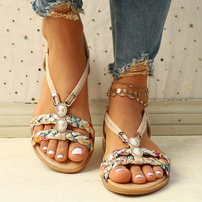 Damen Sandalen Flach Strass Aprikose Geflochten Bequem