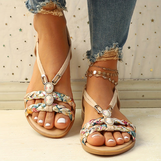 Damen Sandalen Flach Strass Aprikose Geflochten Bequem