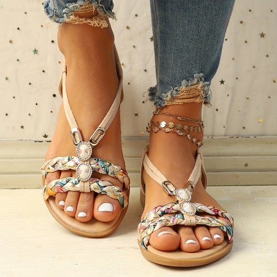 Damen Sandalen Flach Strass Aprikose Geflochten Bequem