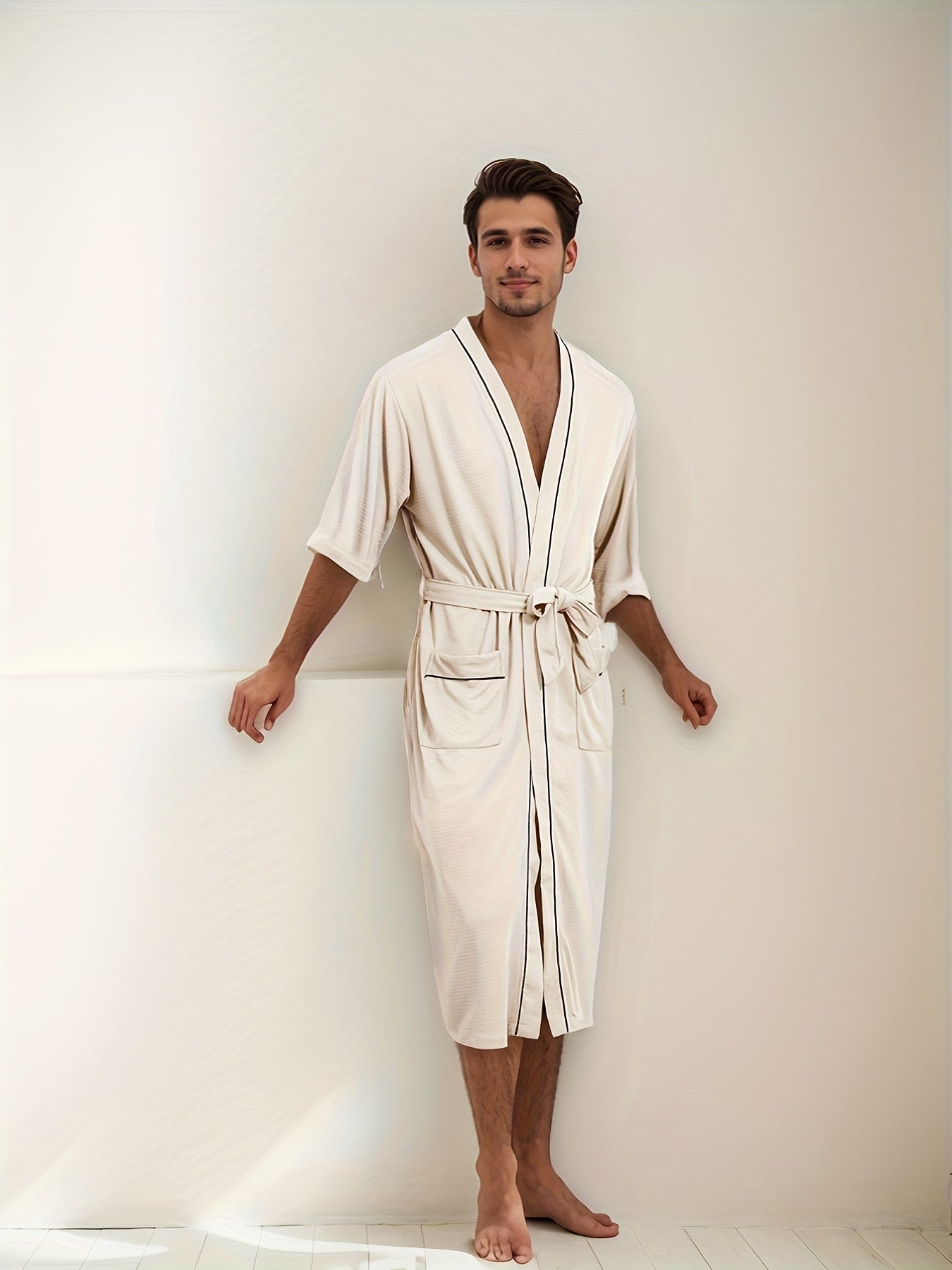 Fudus | Stylische Herrenbademantel Mit Kurzen Ärmeln Und Doppelten Taschen