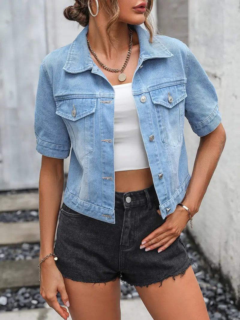 Damen Stylische Kurzärmelige Jeansjacke Mit Knöpfen Taschen