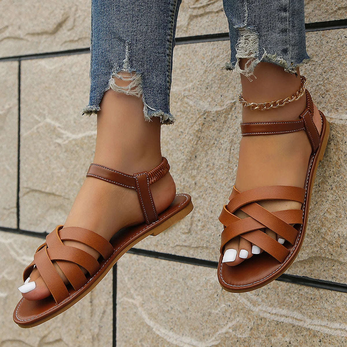 Sandalen Flach Riemchen Gepolstert Rutschfest