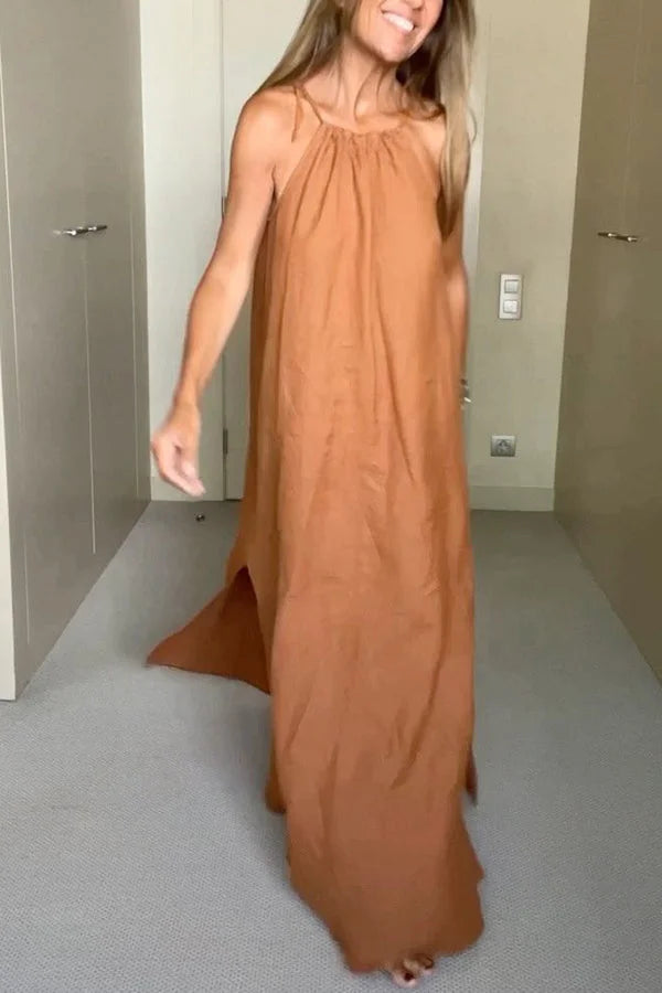 Halsbandkleid Lang Gemischtes Leinen Rückenfrei