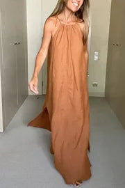 Halsbandkleid Lang Gemischtes Leinen Rückenfrei