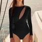 Fudus | Eleganter Cutout Front Moderater Langarm Rashguard Einteiler Badeanzug