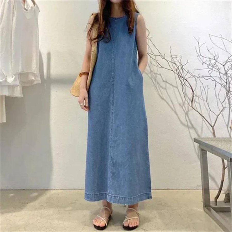 Kleid Denim A-Linie Maxi Rundhals Lässig