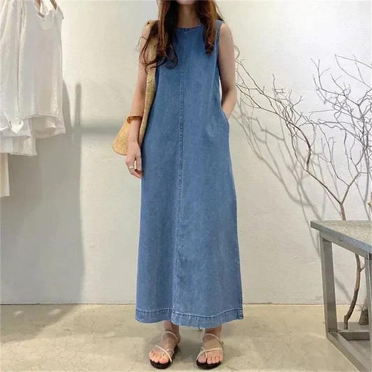 Kleid Denim A-Linie Maxi Rundhals Lässig