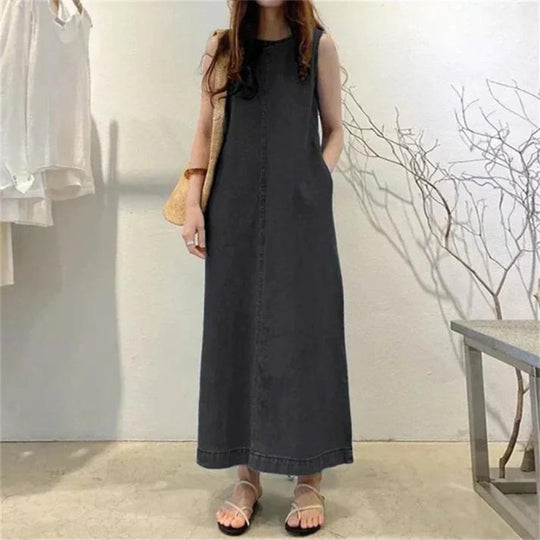 Kleid Denim A-Linie Maxi Rundhals Lässig