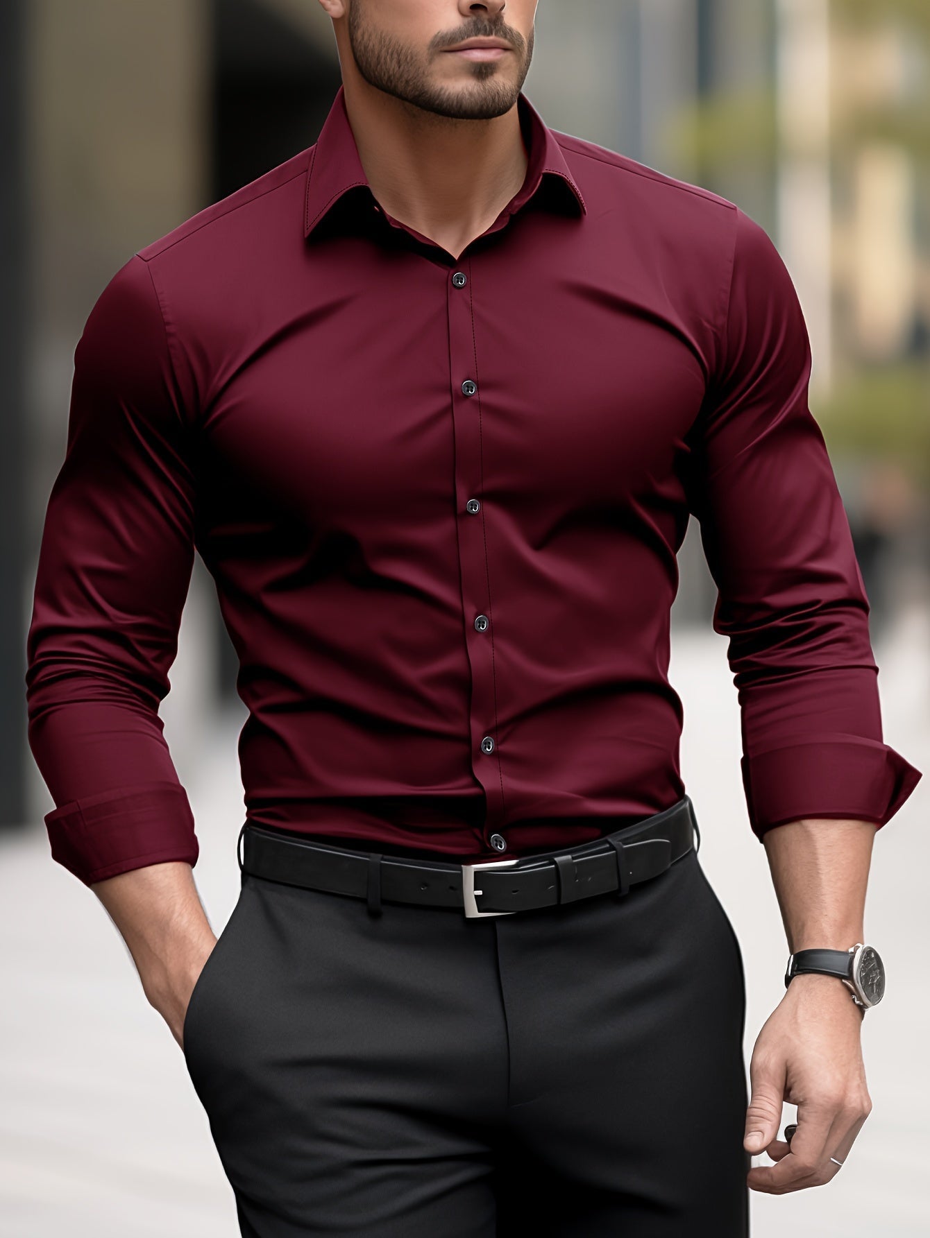 Fudus Herren Slim Fit Hemd - Einfarbiges Elegantes Langarmhemd