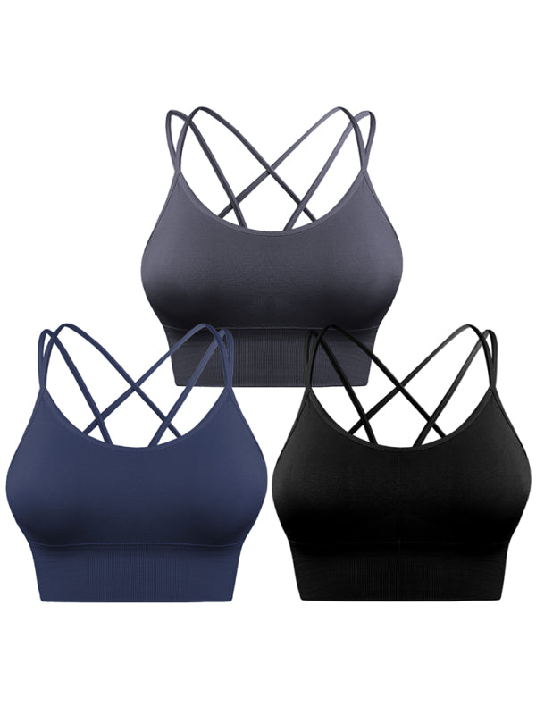 Damen 3er Pack Sport BH Gepolstert Crisscross Nahtlos Für Mittelstarken Halt