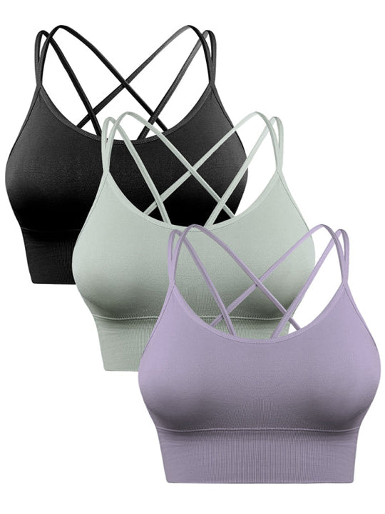 Damen 3er Pack Sport BH Gepolstert Crisscross Nahtlos Für Mittelstarken Halt