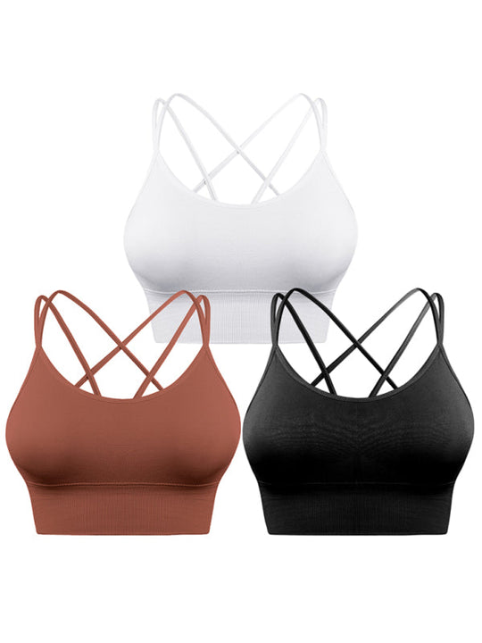 Damen 3er Pack Sport BH Gepolstert Crisscross Nahtlos Für Mittelstarken Halt