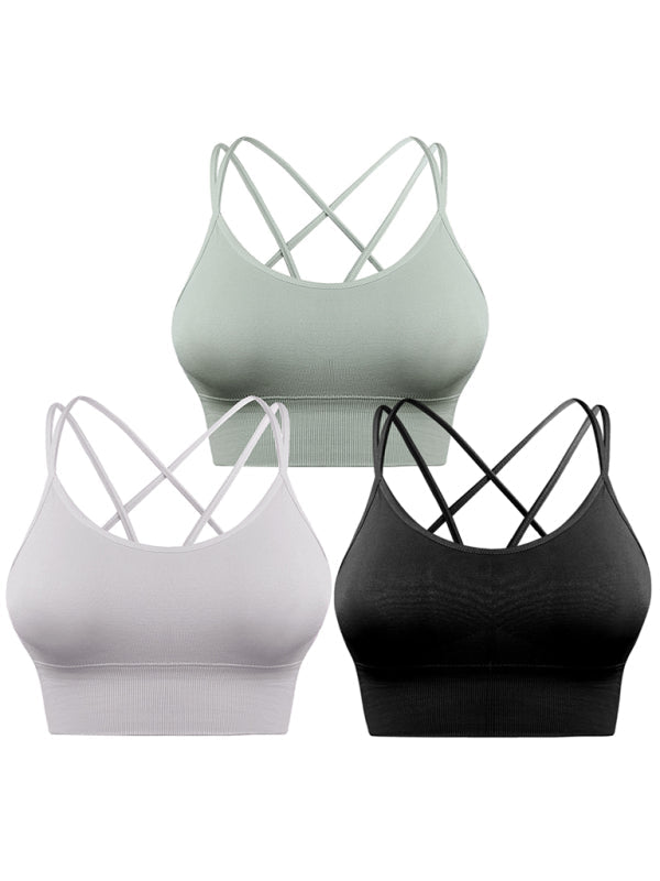 Damen 3er Pack Sport BH Gepolstert Crisscross Nahtlos Für Mittelstarken Halt