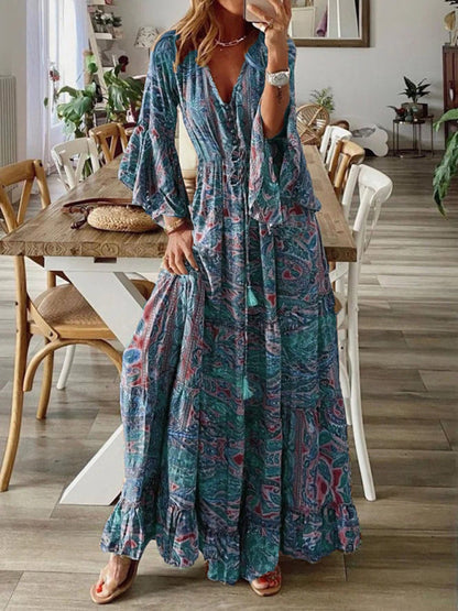 Damen Bohemian Stil Trompetärmeln Druck V-Ausschnitt Hohe Taille Ferien Kleid Floral Weiblich Lange Rock