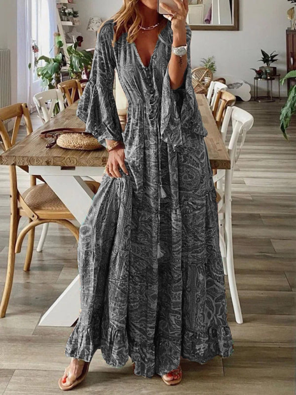 Damen Bohemian Stil Trompetärmeln Druck V-Ausschnitt Hohe Taille Ferien Kleid Floral Weiblich Lange Rock