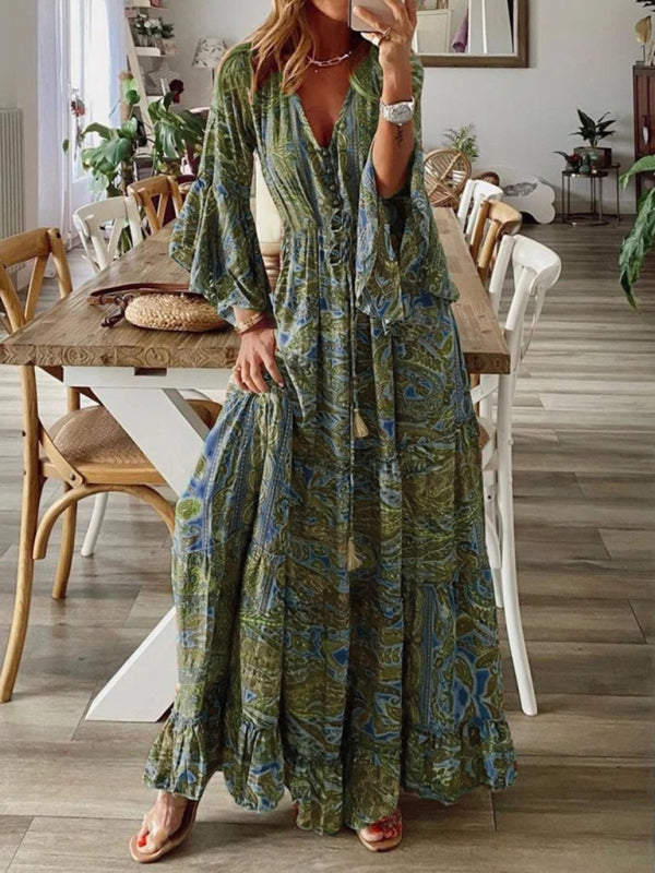 Damen Bohemian Stil Trompetärmeln Druck V-Ausschnitt Hohe Taille Ferien Kleid Floral Weiblich Lange Rock
