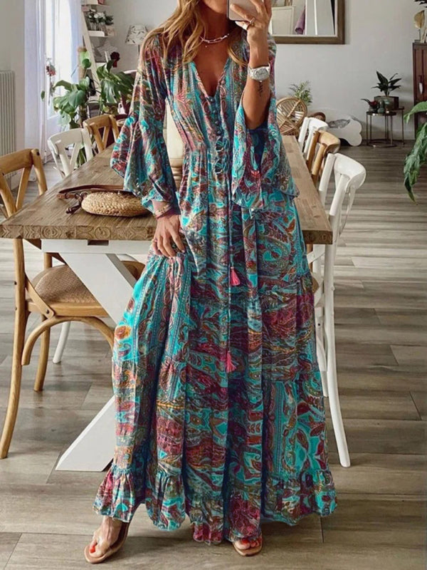 Damen Bohemian Stil Trompetärmeln Druck V-Ausschnitt Hohe Taille Ferien Kleid Floral Weiblich Lange Rock