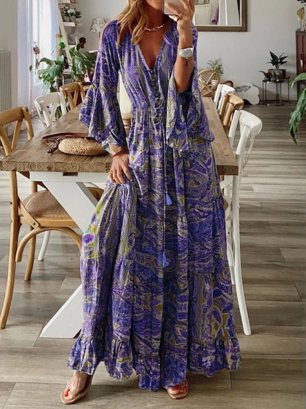 Damen Bohemian Stil Trompetärmeln Druck V-Ausschnitt Hohe Taille Ferien Kleid Floral Weiblich Lange Rock