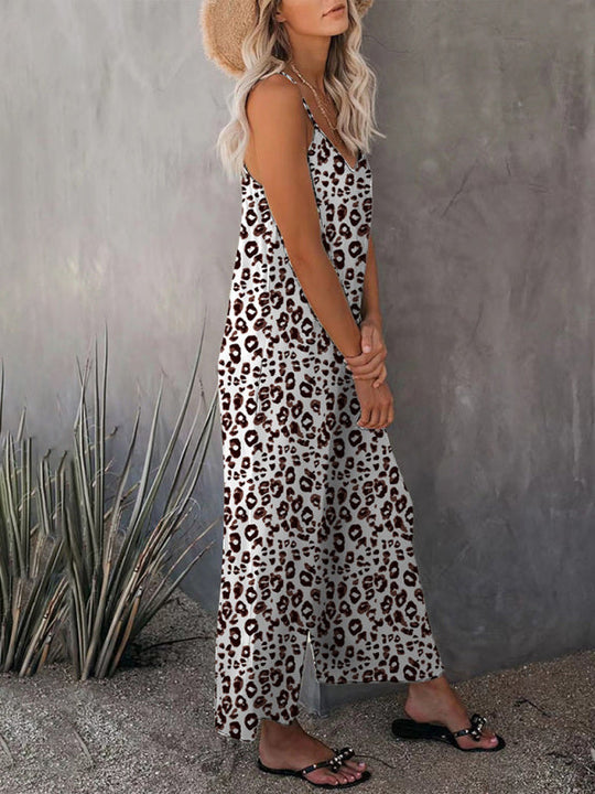 Damen Ärmelloser Leopardenmuster Overall Mit Taschen Und Lockeren Trägern