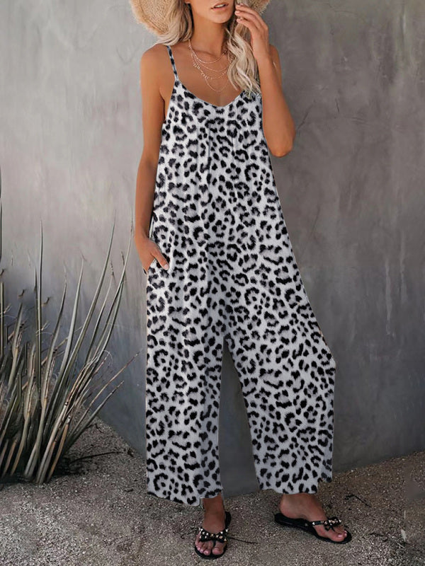 Damen Ärmelloser Leopardenmuster Overall Mit Taschen Und Lockeren Trägern