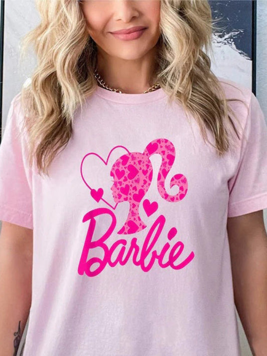 Damen Barbie Druck Sport Freizeit Kurzarm T Shirt