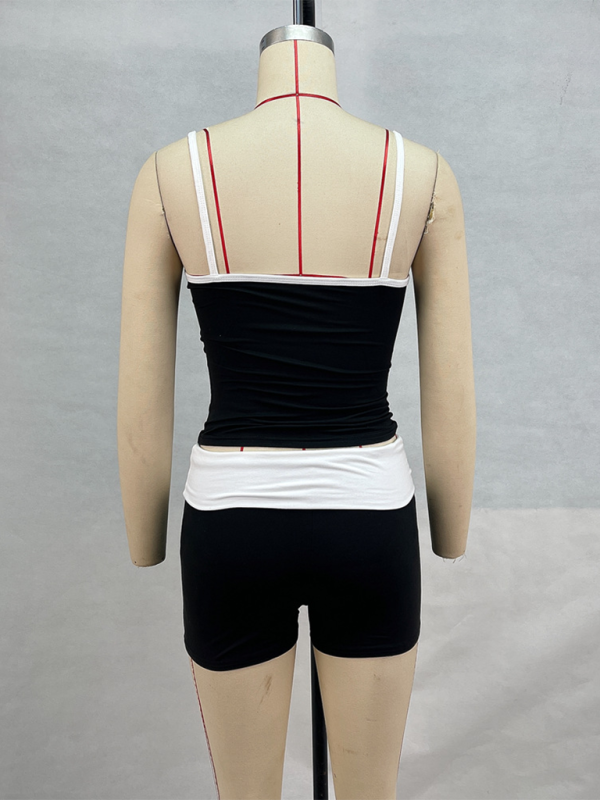 Fudus | Neue Stil Hosenträger Kontrastfarbe Oberteil niedrige Taille Shorts lässige Fitness Sportanzug