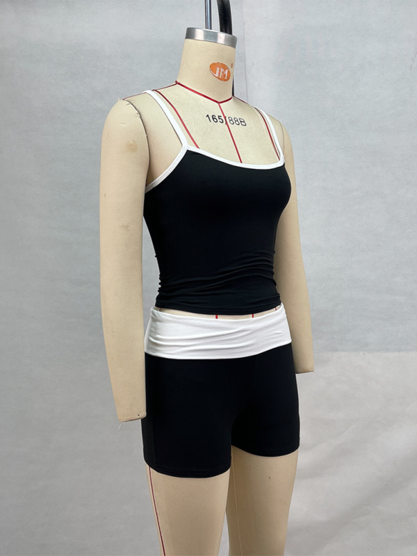 Fudus | Neue Stil Hosenträger Kontrastfarbe Oberteil niedrige Taille Shorts lässige Fitness Sportanzug