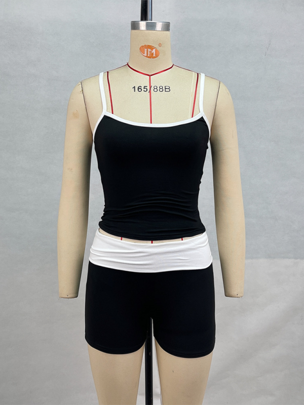 Fudus | Neue Stil Hosenträger Kontrastfarbe Oberteil niedrige Taille Shorts lässige Fitness Sportanzug