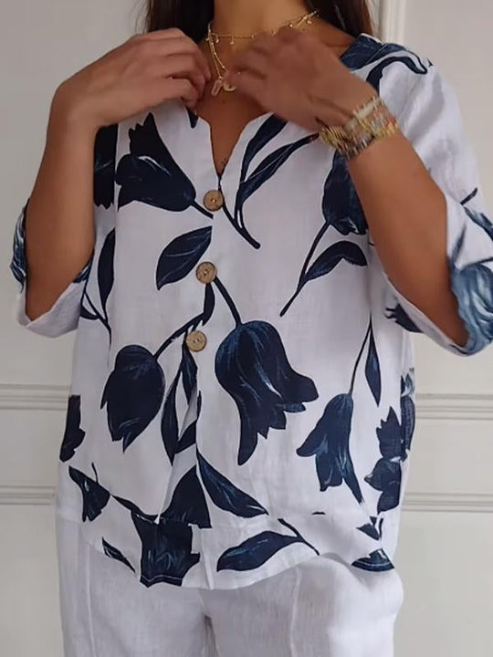 Top V-Ausschnitt Blumendruck Baumwolle Leinen