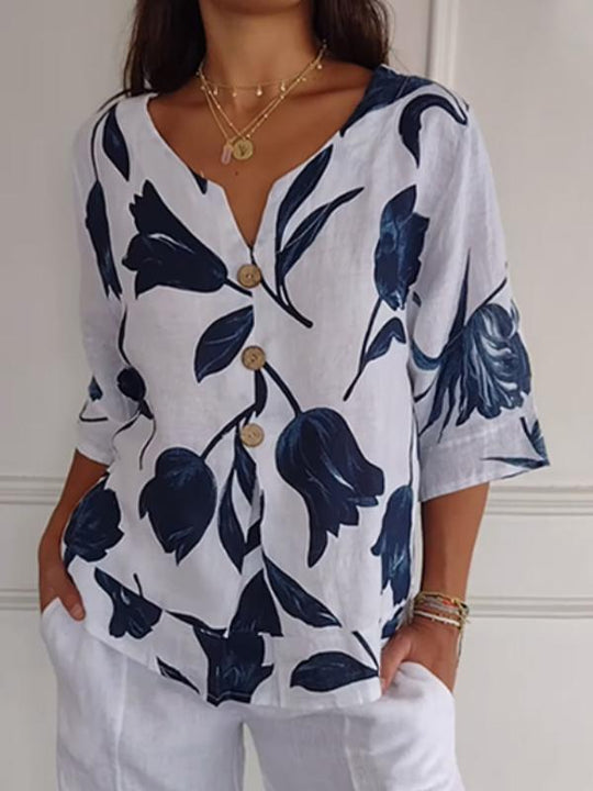 Top V-Ausschnitt Blumendruck Baumwolle Leinen