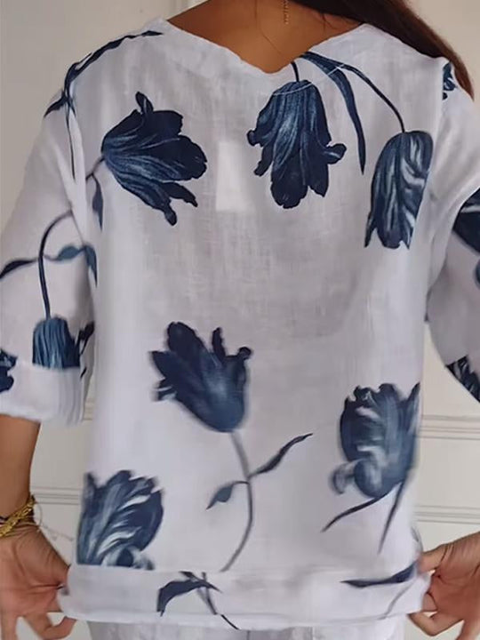 Top V-Ausschnitt Blumendruck Baumwolle Leinen