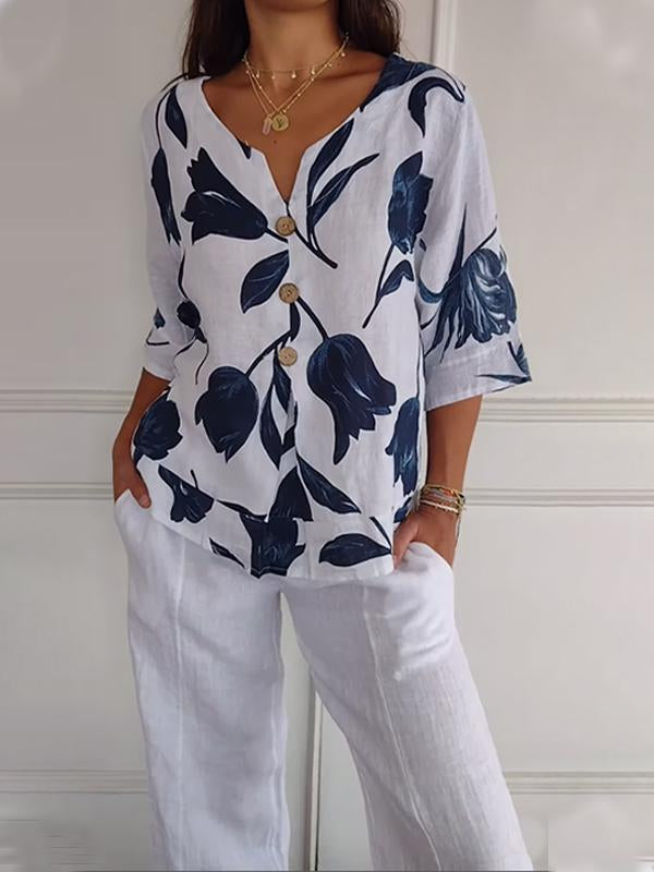 Fudus-Top mit V-Ausschnitt und Blumendruck aus Baumwolle und Leinen
