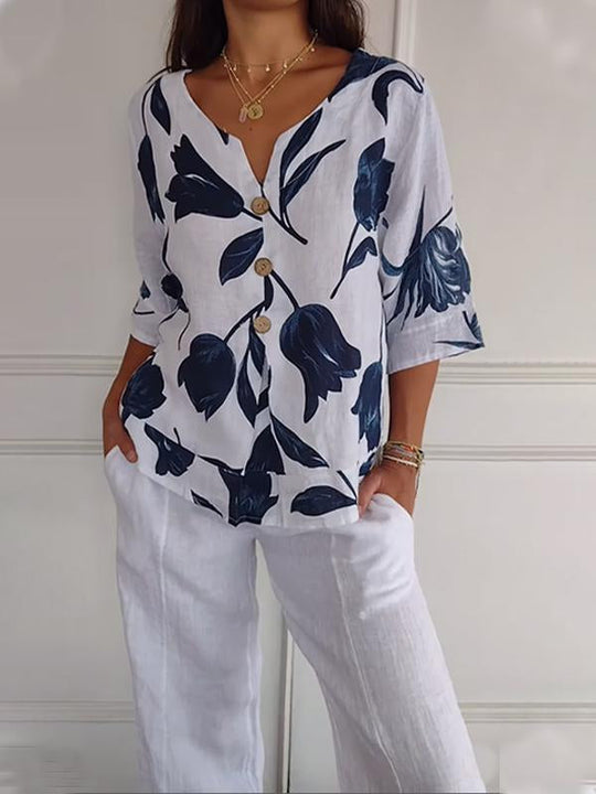 Top V-Ausschnitt Blumendruck Baumwolle Leinen