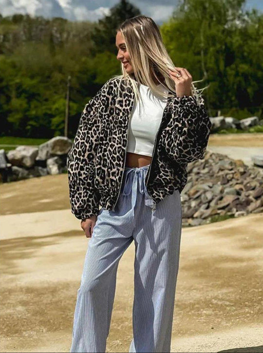 Damen Stylische Leopardenmuster Bomberjacke Trendiger Look