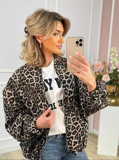 Damen Stylische Leopardenmuster Bomberjacke Trendiger Look