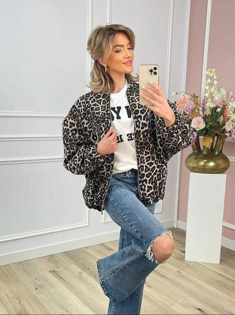 Damen Stylische Leopardenmuster Bomberjacke Trendiger Look