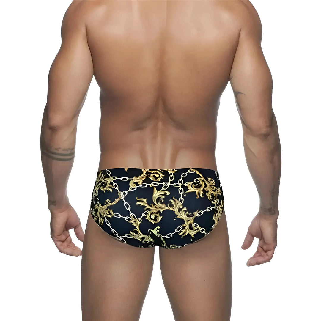 Herren Badehose Muster Schwarz Gold Kette Low Rise
