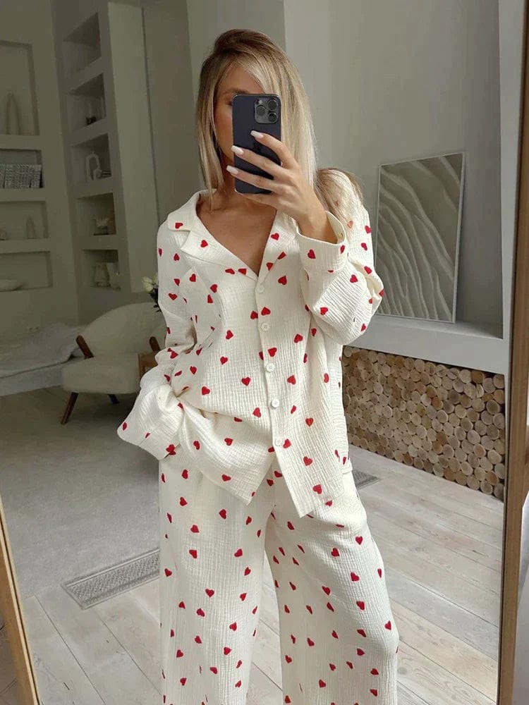 Damen Ästhetisches Herz Pyjama Set Weich Baumwolle Bequem