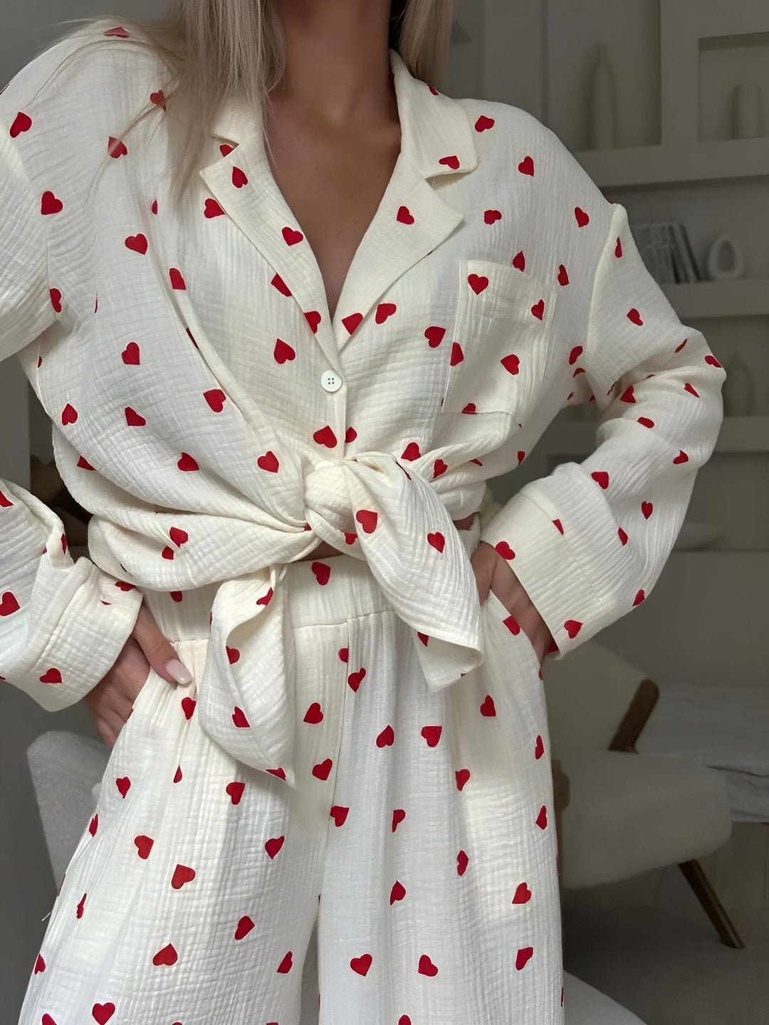 Damen Ästhetisches Herz Pyjama Set Weich Baumwolle Bequem