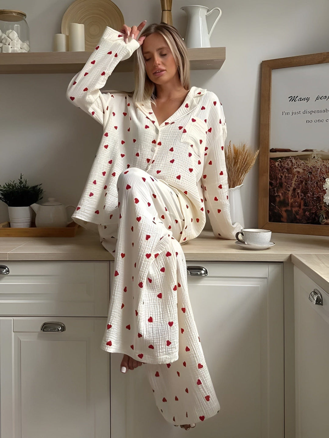 Damen Ästhetisches Herz Pyjama Set Weich Baumwolle Bequem