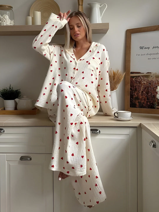 Damen Ästhetisches Herz Pyjama Set Weich Baumwolle Bequem