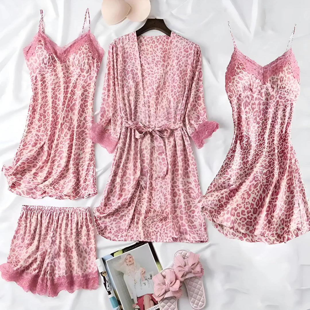 Damen Schlafset Leopardenmuster Satin Look Spitze 4 teilig