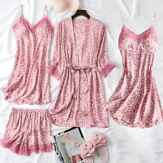 Damen Schlafset Leopardenmuster Satin Look Spitze 4 teilig