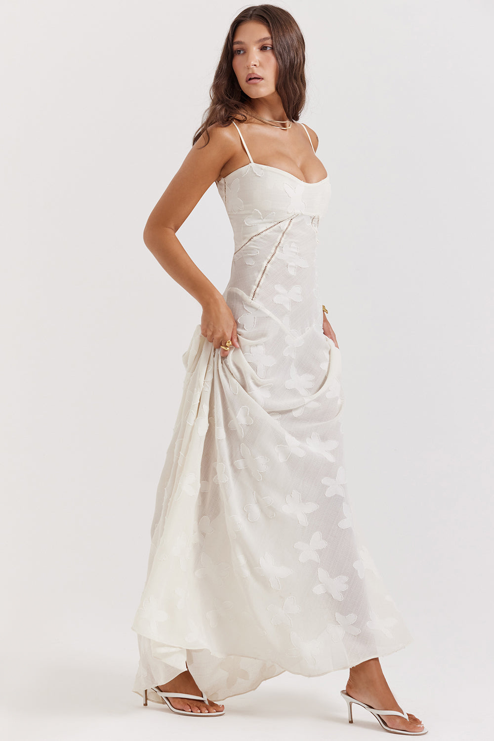 Damen Maxikleid Vintage Cremefarben Spitzenrücken Modisch Bequem