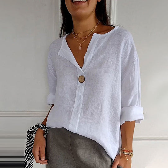 Damen Hemd Leicht Baumwolle Leinen V Ausschnitt Sommer